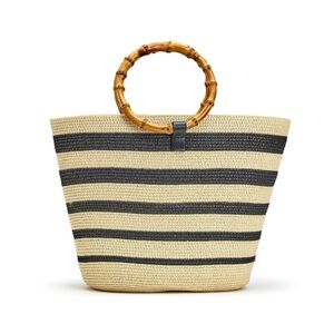 NWT 2 Chic cream/black striped paper straw knit bamboo handle hand bag